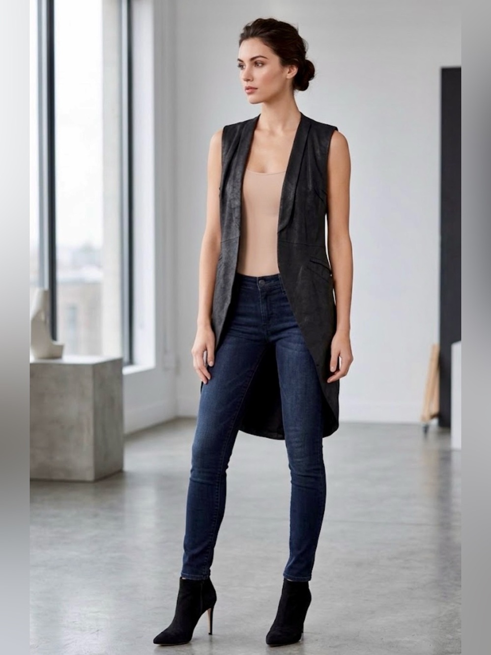 Isabel Benenato Black Textured Leather Open Front Gilet Waistcoat/Vest - Size S